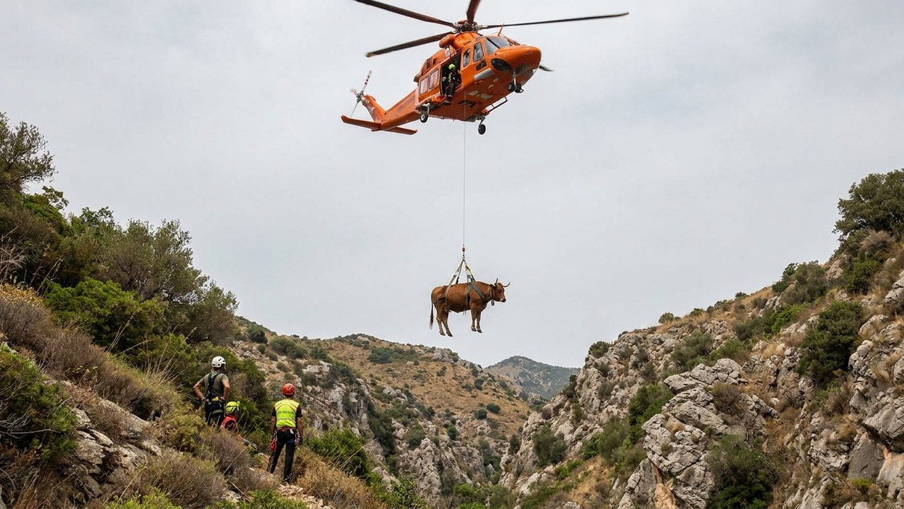 Vaca de 500 kg é resgatada de ravina por helicóptero na Itália