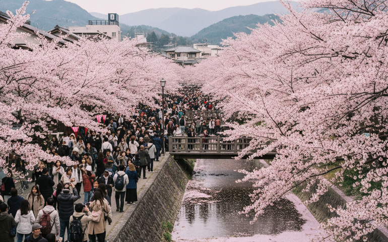 Paisagem rosa surpreende visitantes com primavera antecipada no Japão