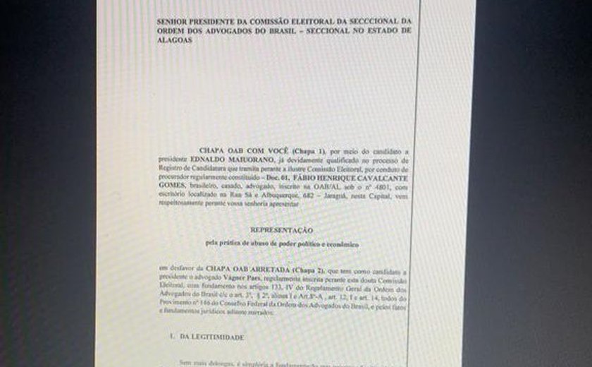 Eleições OAB-AL: chapa 1 representa Chapa 2 por abuso de poder político e econômico