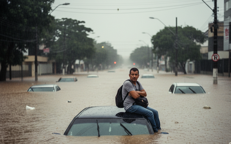 Homem sobe em carro para escapar de alagamento na zona leste de SP