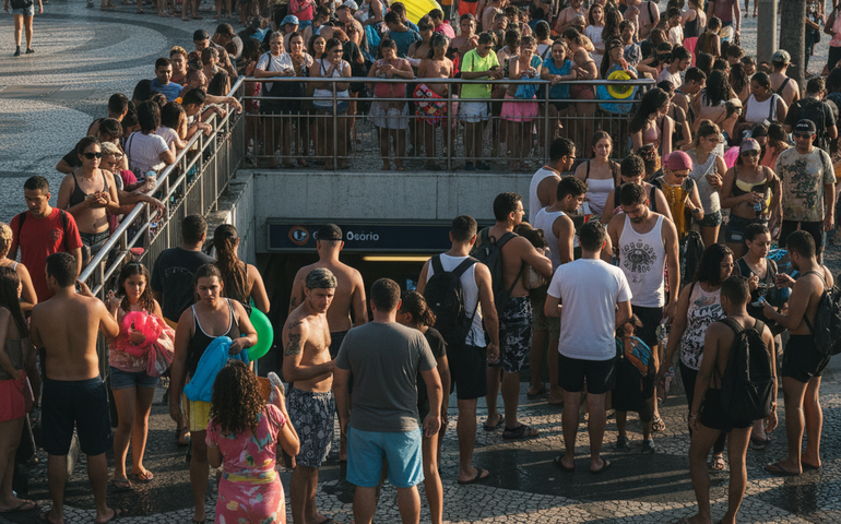 Volta da praia lota estação do metrô em Ipanema em dia de calor de 40 graus