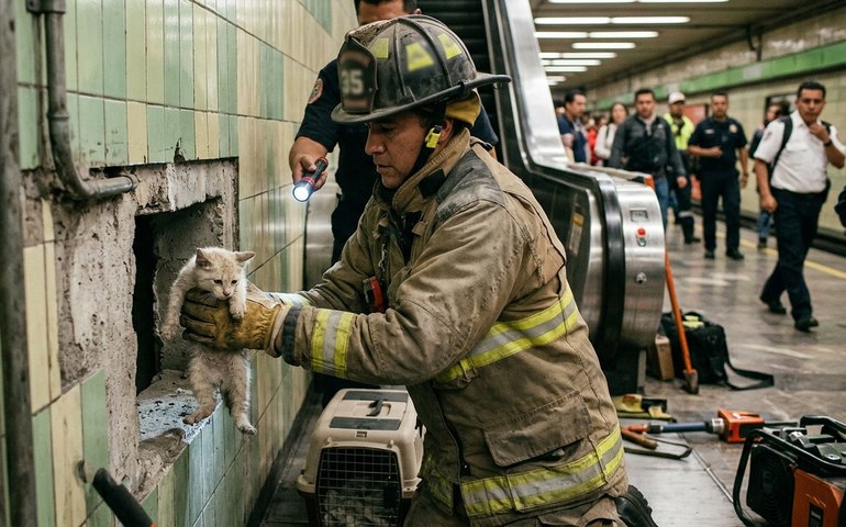 Gatinho é resgatado vivo após ficar preso dentro de parede no metrô do México