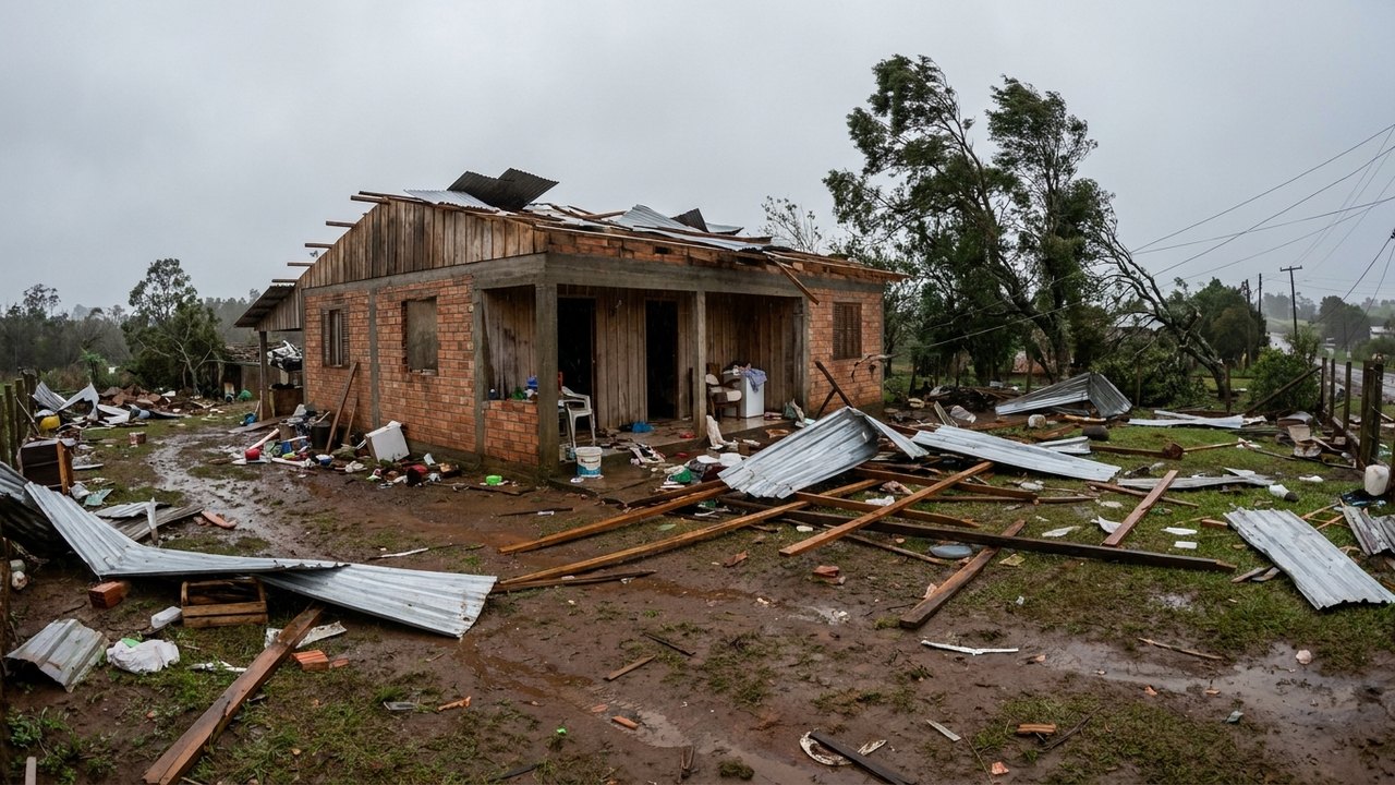 Ventania acima de 100 km/h arranca telhado de casa no Rio Grande do Sul