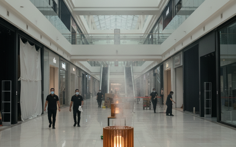 Quase um mês após incêndio, Shopping Tijuca ainda tem cheiro forte de fumaça, funcionários de máscara e lojas vazias