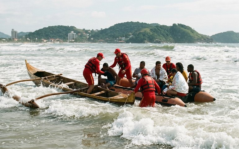 Bombeiros salvam nove pessoas após canoas serem atingidas por ondas fortes no Guarujá