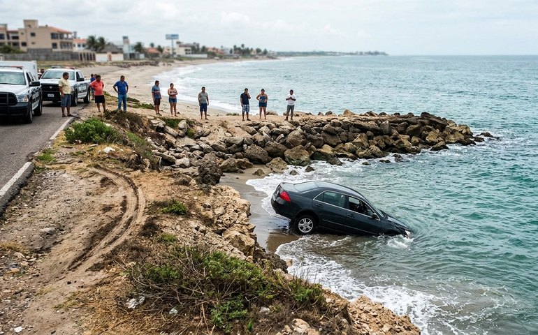 Motorista perde controle e carro cai no mar em Veracruz, no México