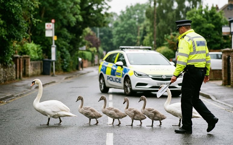 Proteção animal em ação: polícia escolta família de cisnes no Reino Unido
