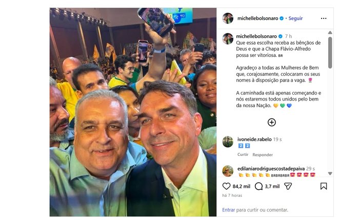 Michelle Bolsonaro diz "Deus os abençoe" ao celebrar Alfredo Gaspar como vice de Flávio Bolsonaro