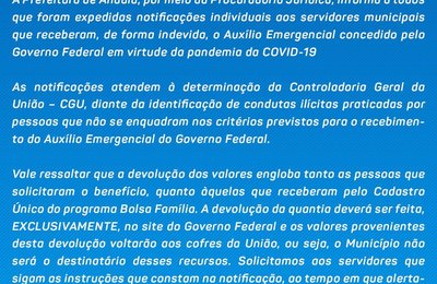 Prefeitura de Anadia emite nota referente ao pagamento do auxílio emergencial a servidores públicos