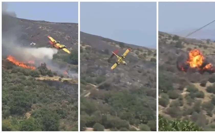 Avião bombardeiro de água que combatia incêndios cai na Grécia; vídeo