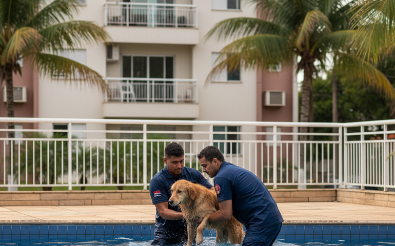Cachorro é salvo por bombeiros após cair em piscina em Mato Grosso