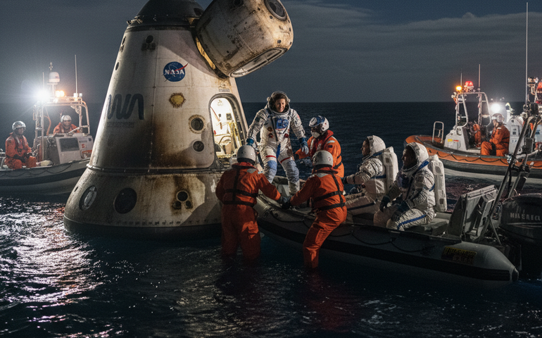 Tripulação da Nasa retorna à Terra após encurtamento de missão por motivo médico