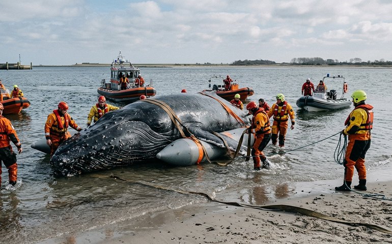 Drama no Báltico: operação tenta salvar baleia‑jubarte encalhada no norte da Alemanha