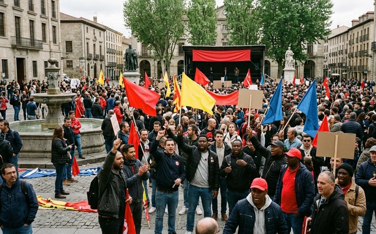 Participantes de ato sindical se reúnem na praça central da cidade no Dia do Trabalhador