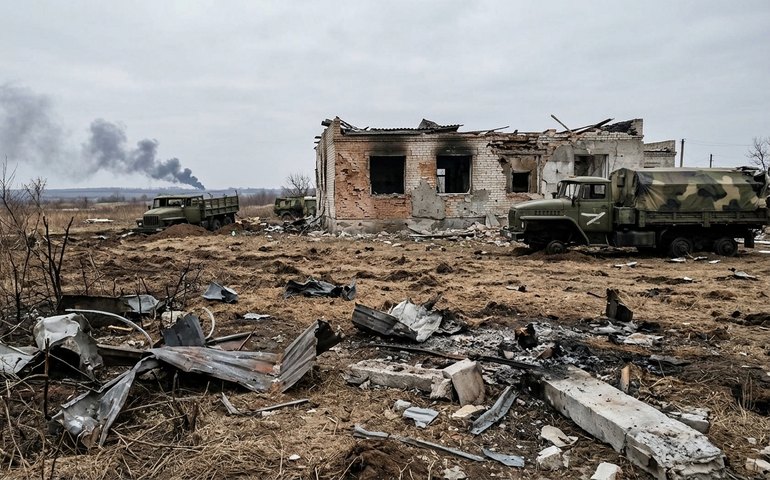 Sistema de lançamento múltiplo de foguetes Uragan russo destrói posições inimigas em Dobropolie