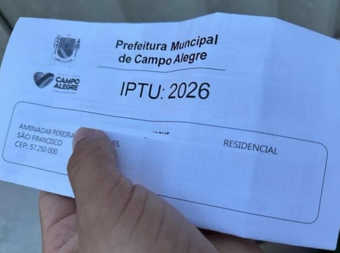 Campo Alegre: contribuinte que pagar o IPTU 2026 em cota única terá 30 por cento de desconto
