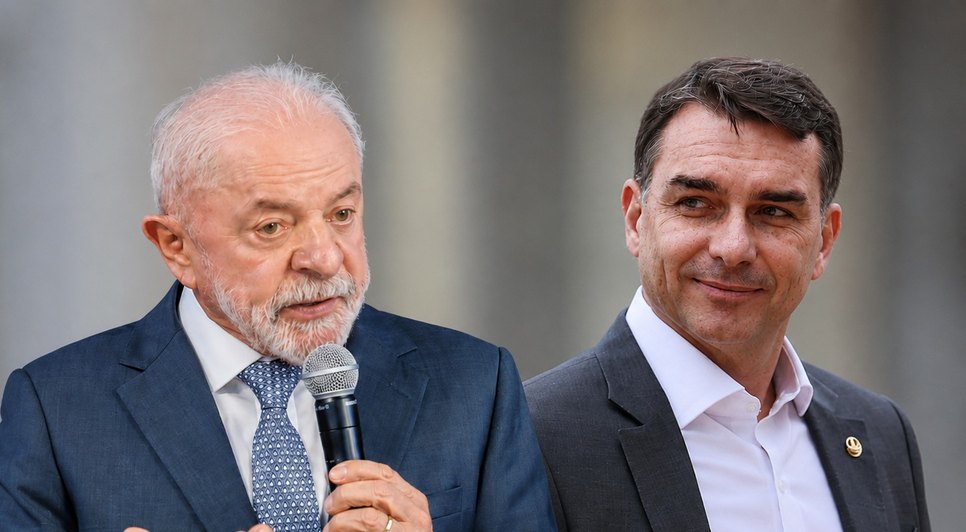 Lula e Flávio Bolsonaro. / Foto: Imagem gerada por IA. 