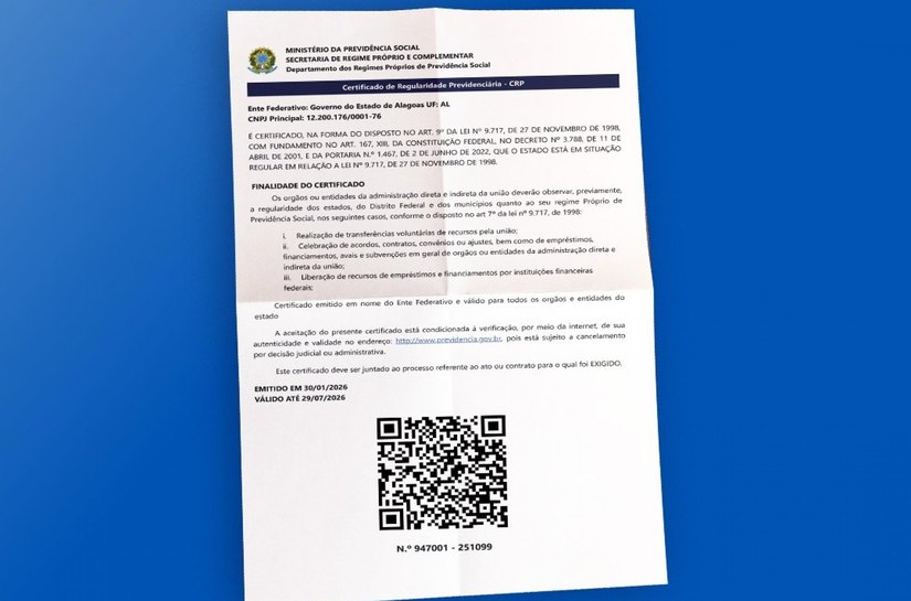 Governo Federal renova Certificado de Regularidade Previdenciária da Alagoas Previdência