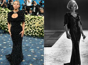 Look  de Sydney Sweeney foi inspirado no cinema, com um vestido preto da Miu Miu que homenageia a atriz Kim Novak (Um Corpo que Cai). (Divulgação/Dia Dipasupil/Getty Images/Bettmann)