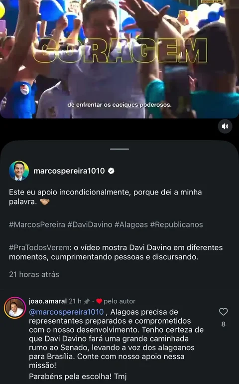 “Apoio incondicionalmente” afirma presidente nacional do Republicanos em post sobre Davi Davino Filho