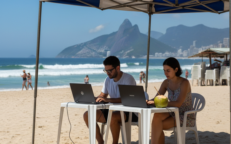 Meu escritório é na praia: cariocas trocam espaços fechados pelo trabalho à beira-mar