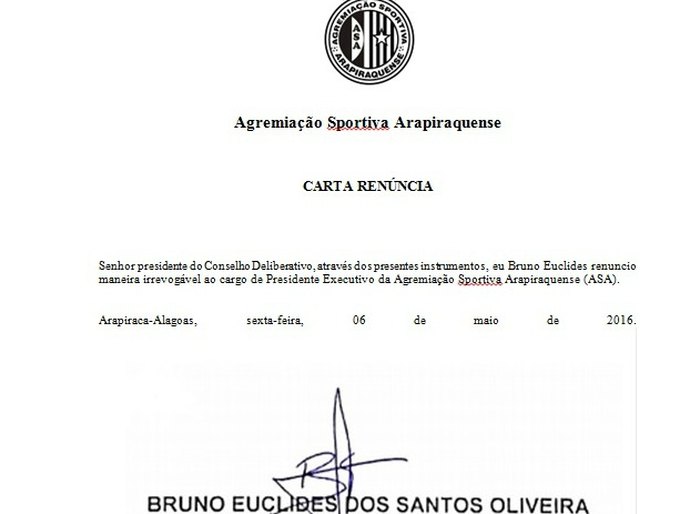 Em carta, Bruno Euclides renuncia ao cargo de presidente do ASA