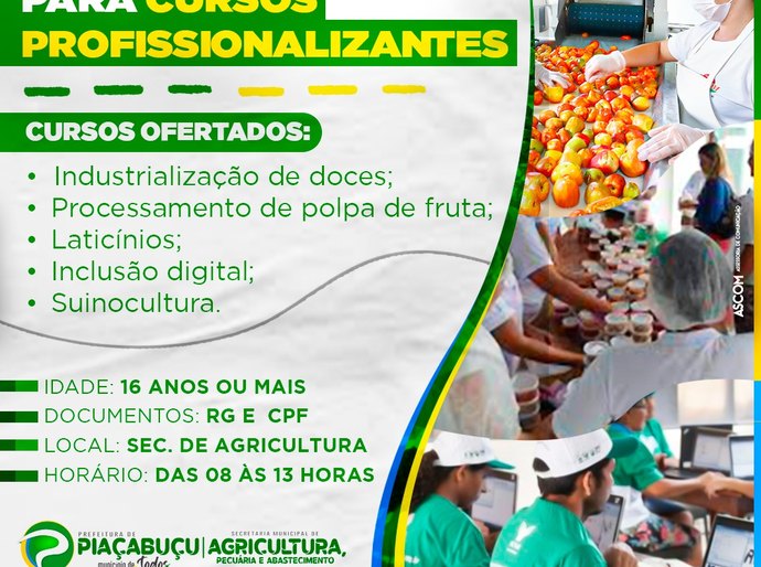 Secretaria de Agricultura de Piaçabuçu abre as inscrições para Cursos Profissionalizantes