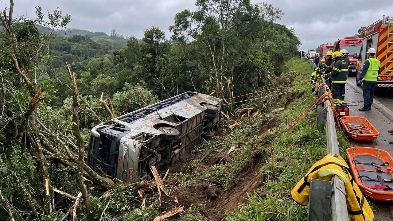 Ônibus com equipe de dança do Paraguai cai em ribanceira em SC, deixando 3 mortos e 40 feridos