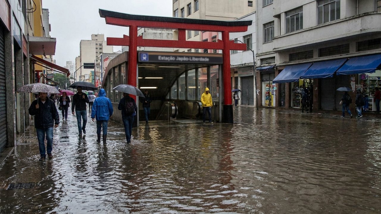 Estação Liberdade do Metrô enfrenta alagamento após chuvas intensas em SP