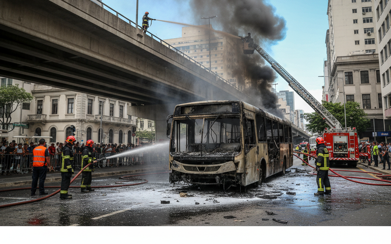 Ônibus pega fogo no Centro do Rio após pane elétrica