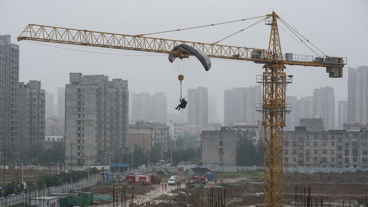 Parapentista fica pendurado em guindaste após colisão na China