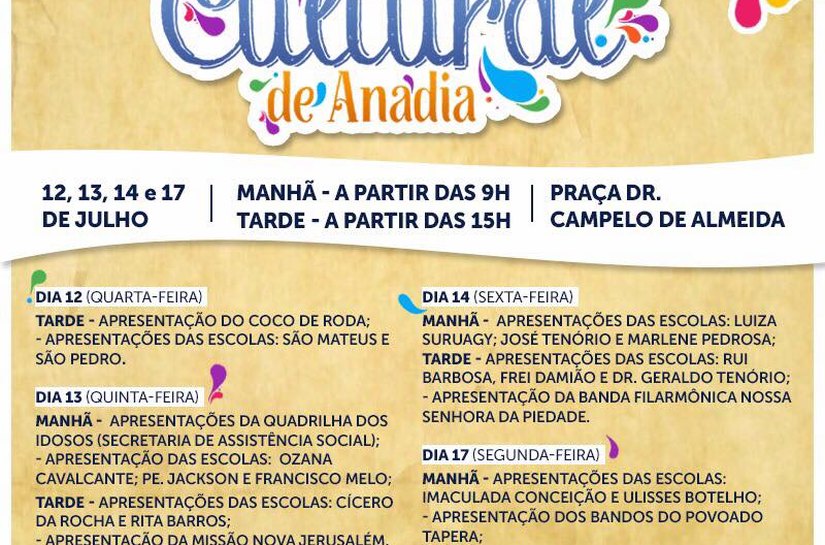 Prefeitura de Anadia promove ‘Semana Cultural’ a partir desta quarta-feira