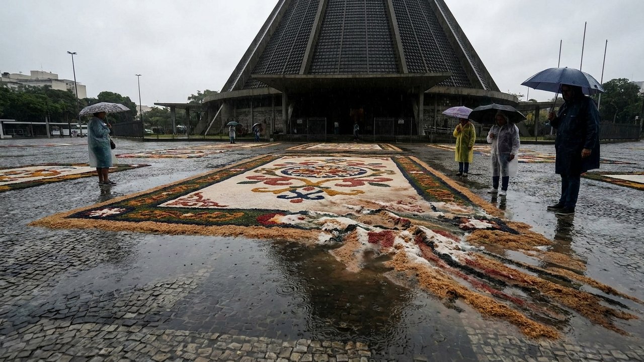 Tapetes de sal da Catedral Metropolitana do Rio são desfeitos pela chuva