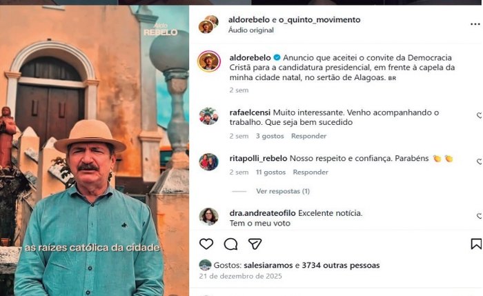 Rebelo usou seu perfil no Instagram para anunciar a candidatura