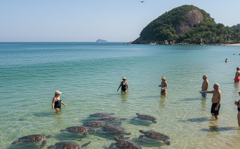 Tartarugas marinhas nadam próximas a banhistas na Praia de Itaipu, em Niterói