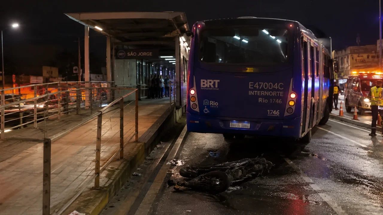 Homem morre após colisão entre moto e ônibus do BRT em Inhoaíba