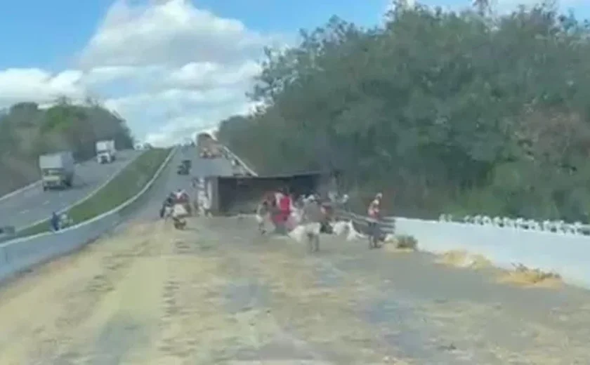 Carreta tomba em rodovia e espalha carga de milho em Porto Real do Colégio