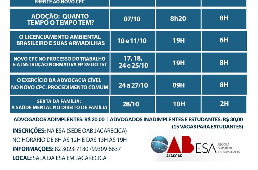 ESA/AL divulga lista de novos cursos telepresenciais para o mês de outubro