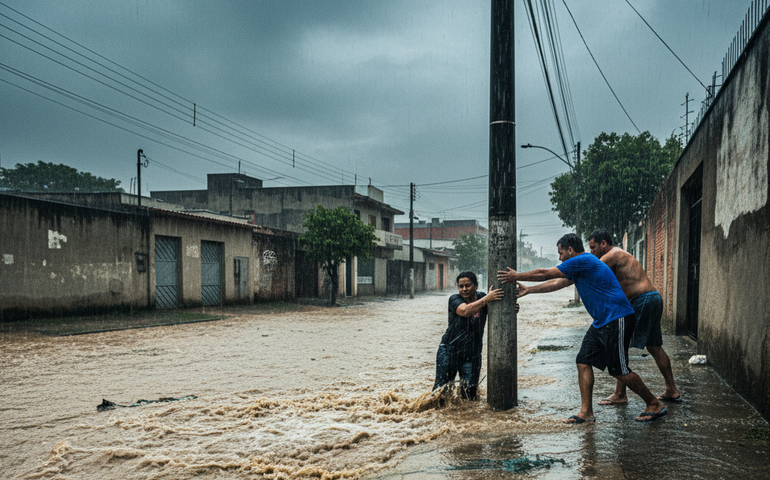 Mulher é arrastada por enxurrada e resgatada por populares em SP