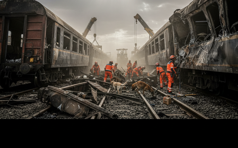 Cães farejadores buscam vítimas entre os destroços do acidente ferroviário em Adamuz