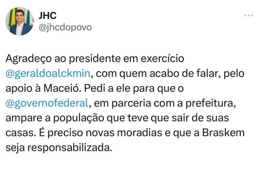 Prefeito JHC liga para Geraldo Alckmin e pede apoio da União para amparo de moradores