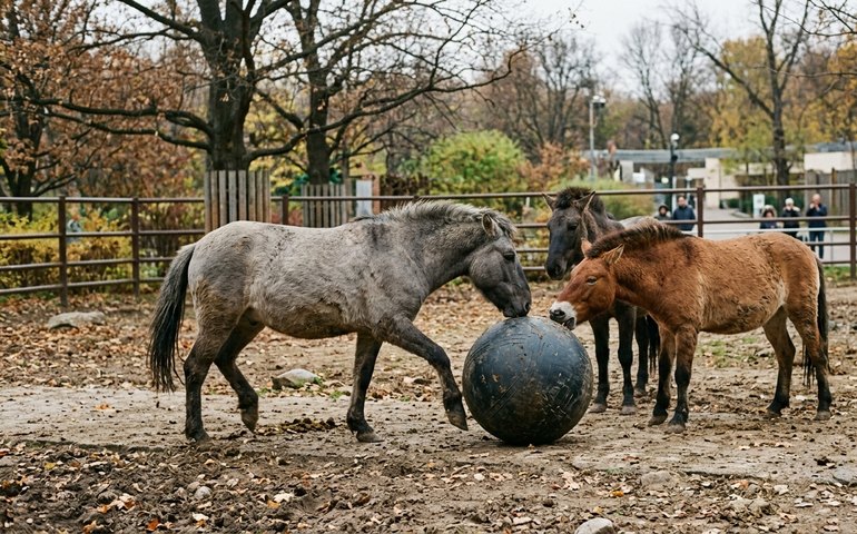 Cavalos do zoológico de Moscou se divertem com novo brinquedo