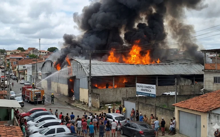 Incêndio destrói fábrica de estofados no bairro Planalto e chamas ameaçam loja de produtos químicos vizinha em Arapiraca