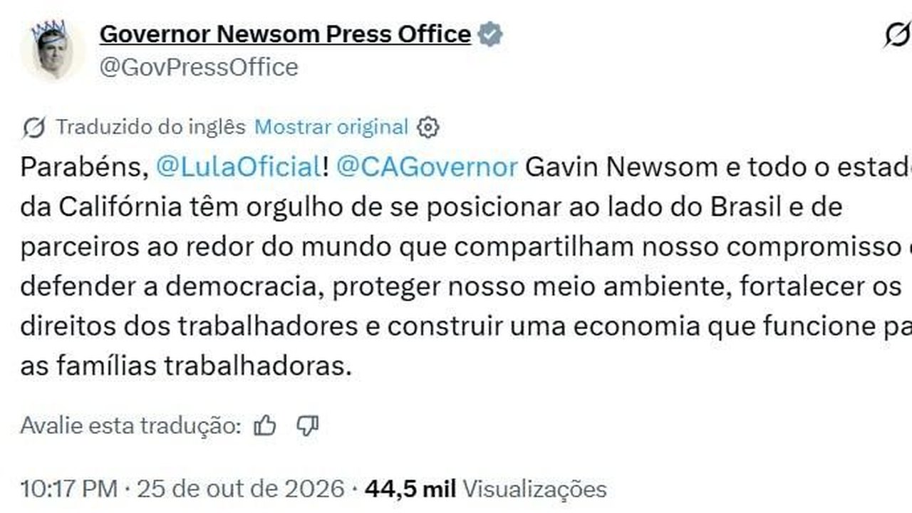Governador da Califórnia parabeniza Lula e destaca defesa da democracia