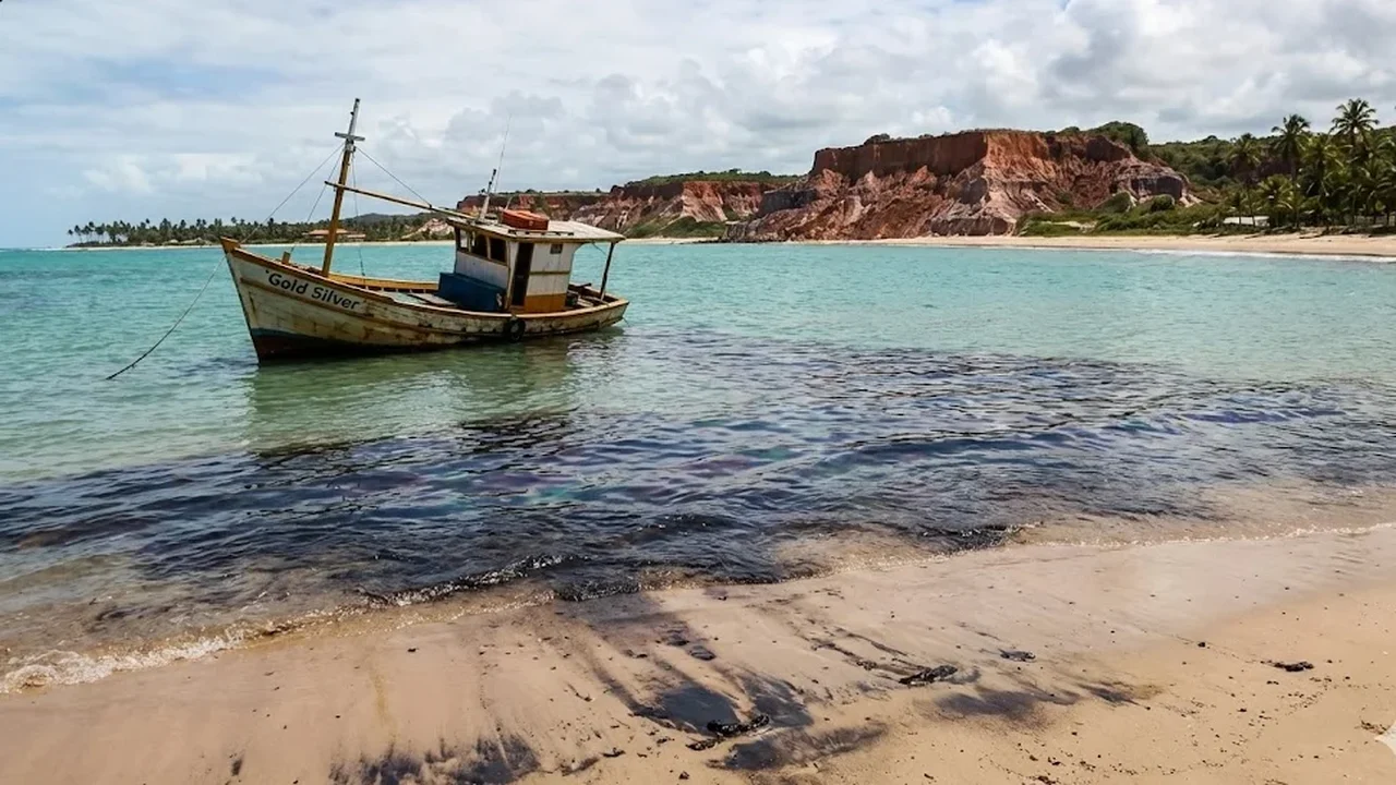 'Mancha negra' no paraíso: naufrágio de barco pesqueiro causa vazamento de diesel na praia de Japaratinga