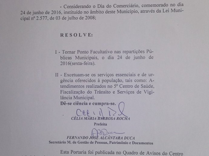 Prefeita Célia decreta ponto facultativo no dia 24