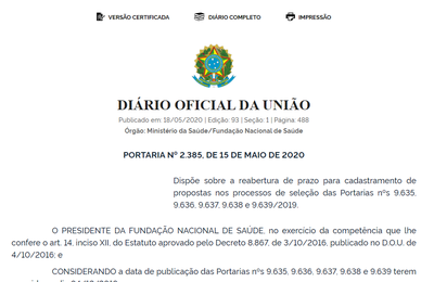Funasa reabre prazo para cadastramento de propostas em processos seletivos