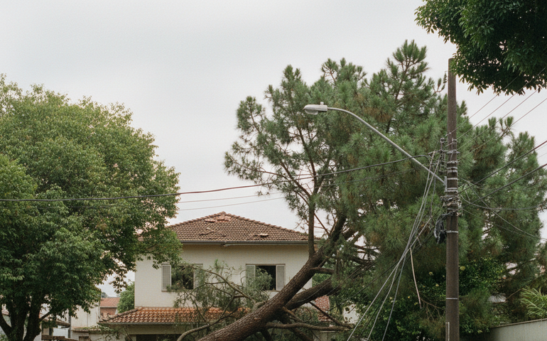Pinheiro de grande porte cai em rua e atinge rede elétrica em Belo Horizonte