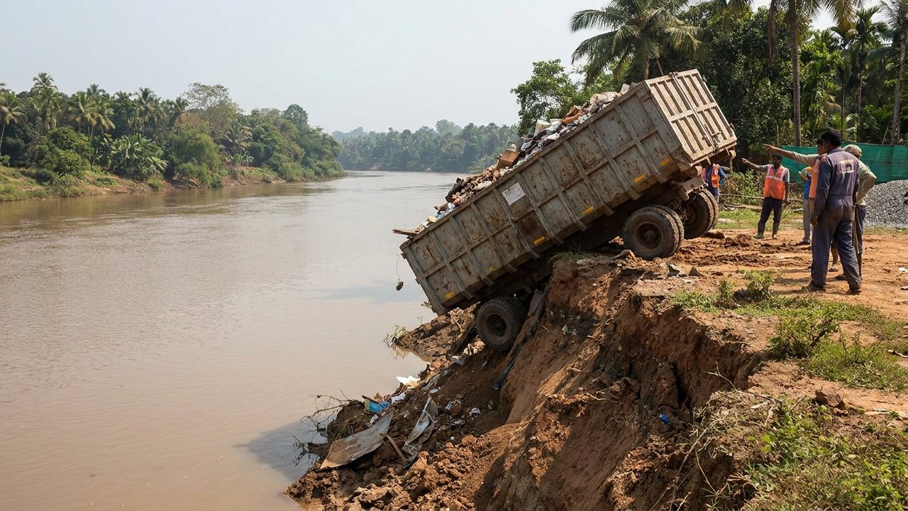 Caçamba quase cai em rio na Índia