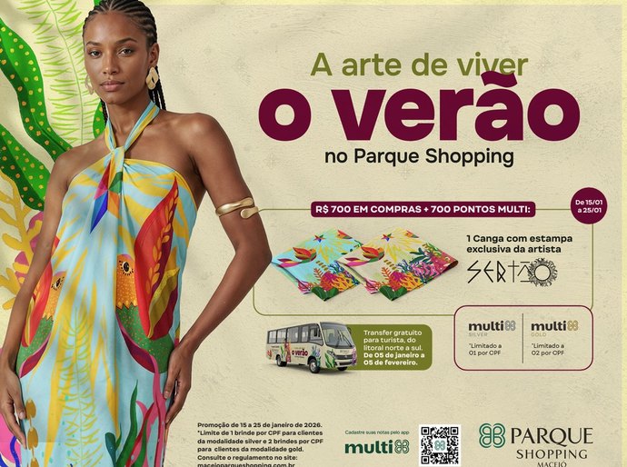 Campanha de verão do Parque Shopping inclui transfer gratuito e promoção com estampa de artista alagoana